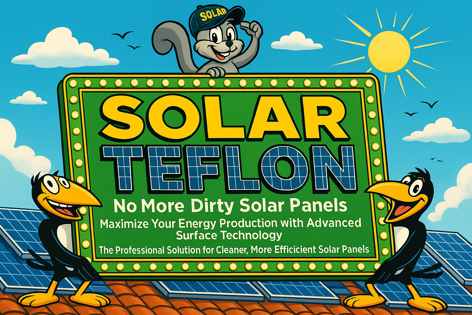 Solar panel cleaning advertisement with Solar Teflon crows