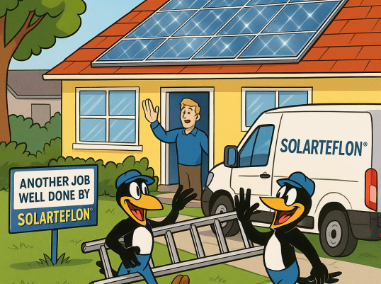 Birds installing solar panels happily.