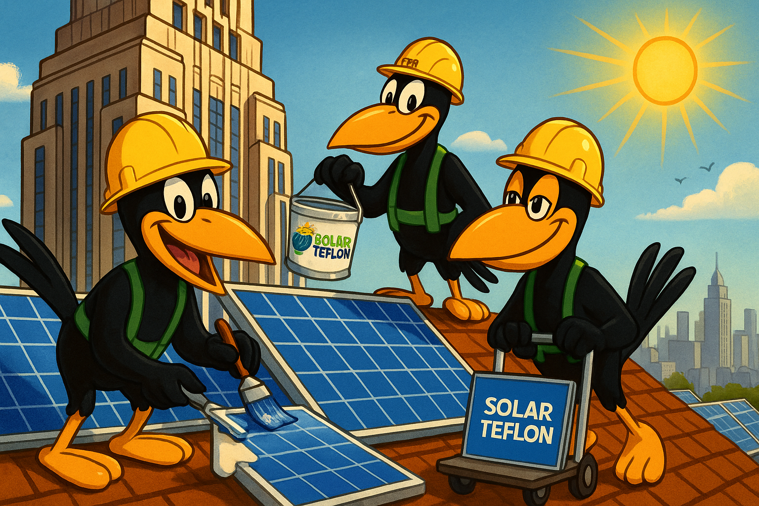 Cartoon crows installing solar panels.